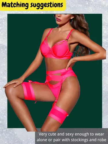 Vista 56 de Kaei&Shi - Lencería con liguero para mujer, conjunto de encaje traslúcido y sexy de 4 piezas combinadas