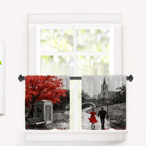 Vista 103 de Cortinas opacas de cocina con pintura al óleo de Europa rosa y negra para ventanas, cenefas opacas modernas de torre Eiffel de poliéster multicapa