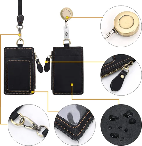 Vista 2 de Wonderpool Soporte de cuero para tarjetas de identificación con bolsillo con cremallera, ranuras para tarjetas, cordón desmontable para el cuello
