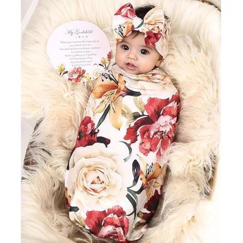 Vista 2 de Galabloomer - Conjunto de cobija con diadema, diseño de flores, para envolver bebé