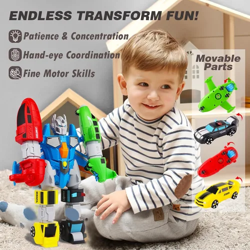 Vista 4 de QUERCITRON - Juego de vehículos magnéticos 5 en 1, juguete que se transforma en robot, kit de figuras de acción de construcción con piezas