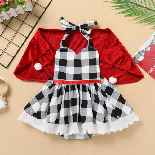 Vista 4 de OBEEII Vestido de Navidad para niños, niñas y mujeres, vestido de fiesta a cuadros y capa de terciopelo a juego para mamá y yo