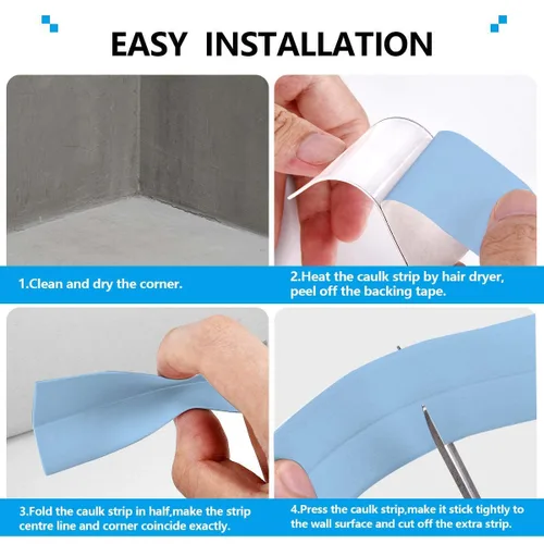Vista 3 de Cinta selladora para calafateo de baño y cocina, cinta adhesiva de PVC para sellar la bañera y las paredes, sellador para azulejos de ducha (azul)