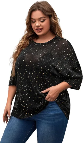 Vista 3 de MakeMeChic Camiseta de manga corta de malla transparente con purpurina para mujer, talla grande