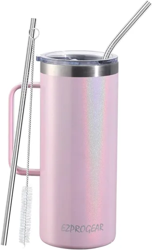 Vista 8 de Ezprogear Taza de café de acero inoxidable de 32 onzas con aislamiento y asa, tapa (32 onzas, taza rosa clavel) Vaso aislante, con asa, con tapa
