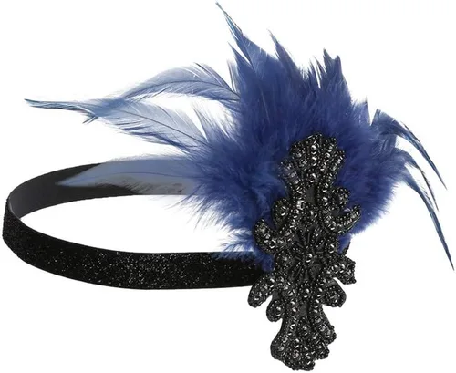 Vista 8 de Roaring 20s Great Gatsby - Diadema estilo flapper para mujer, estilo Art Deco de los años 20, con plumas A azul