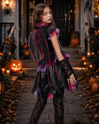 Vista 3 de IKALI Disfraz de murciélago vampiro de Halloween para niñas con alas, disfraz gótico de oscuridad para niños