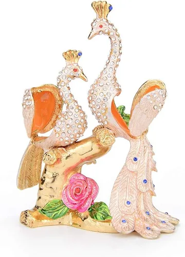 Vista 2 de Caja de baratija blanca de pavo real con bisagras pintadas a mano, adornos decorativos únicos, regalo único para la familia