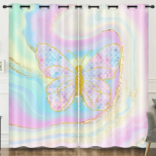 Vista 14 de HOSIMA Cortinas mágicas de hongos 2 paneles, cortinas de mariposa floral con mandala para sala de estar, decoración de habitación de moda para niñas