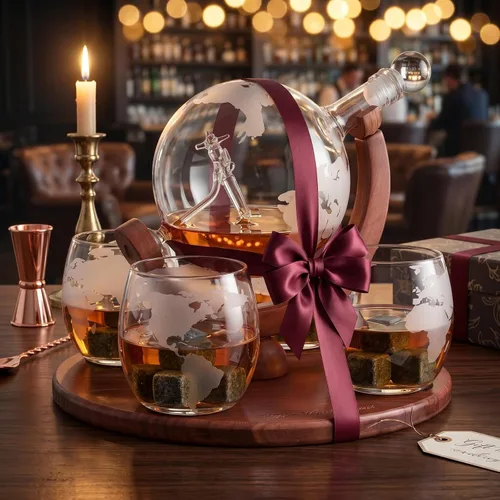 Vista 7 de Decantador del mundo grabado con globo de whisky, juego de regalo de whisky The Wine Savant con avión antiguo, piedras de whisky y 4 vasos de mapa