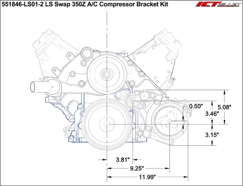 Vista 2 de ICT Billet LS Camaro - Soporte de CA para OEM Nissan 350Z AC Compresor LS1