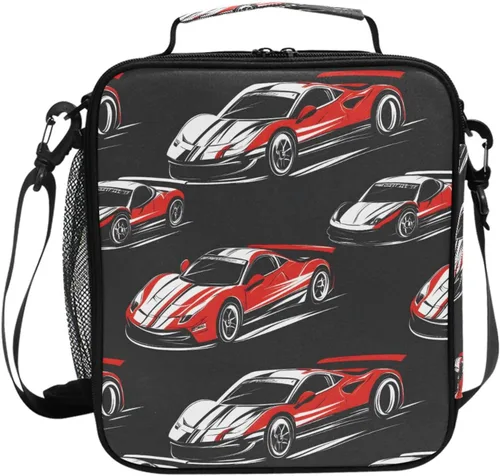 Vista 7 de Lonchera con patrón de cuadros blancos y negros, bolsa de almuerzo aislada, bolsa de preparación para niños, correa de hombro congelable a001