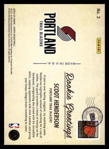 Vista 2 de 2023-24 Panini Hoops Rookie Greetings #3 Scoot Henderson NM-MT Portland Trail Blazers Basketball Trading Card NBA