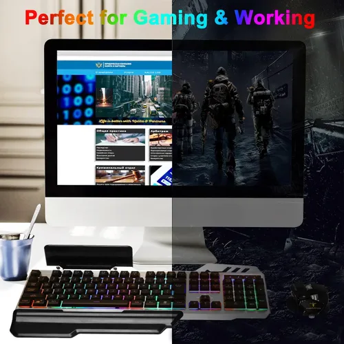 Vista 7 de FEDARFOX Combo de teclado y mouse, compacto juego de teclado y mouse arco iris de tamaño completo para juegos, teclado mecánico retroiluminado