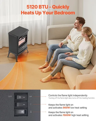 Vista 3 de VEVOR - Chimeneas independientes de 22.8 pulgadas, calefactor eléctrico portátil de chimenea de 1500 W y 5120 BTU, con protección contra