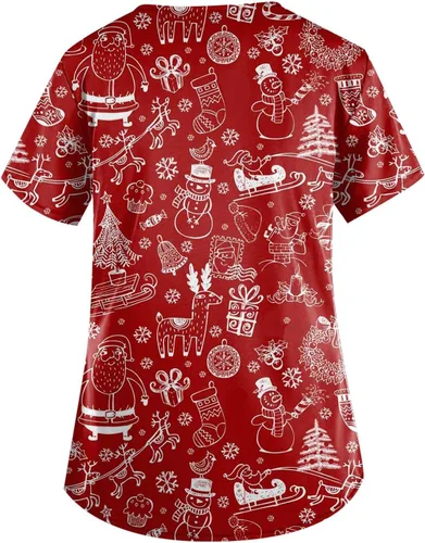 Vista 2 de Camisetas de Navidad para mujer, estampado de Navidad, talla grande, cuello en V, divertidas, uniformes de trabajo