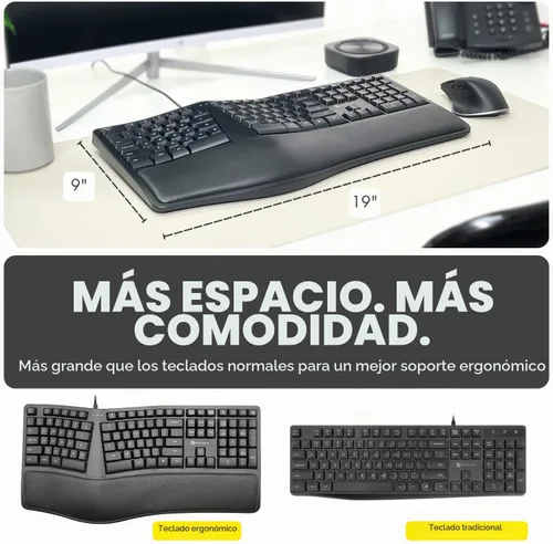 Vista 7 de Teclado Ergonómico con Cable X9 con Reposamuñecas Acolchado - Escribe Cómodamente por Más Tiempo - Teclado Dividido con Cable USB para Laptop, PC