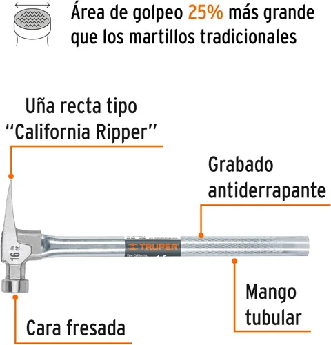 Vista 2 de Truper 10643 / MORCA-16T - 16 oz, tubular, martillo rascador California