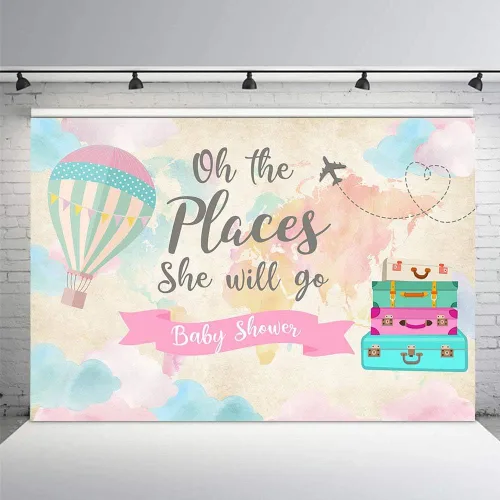 Vista 3 de Decoración de fiesta de baby shower de niña de viaje, telón de fondo, mapa rosa, maletas, viajes alrededor del mundo, globo aerostático, Oh The