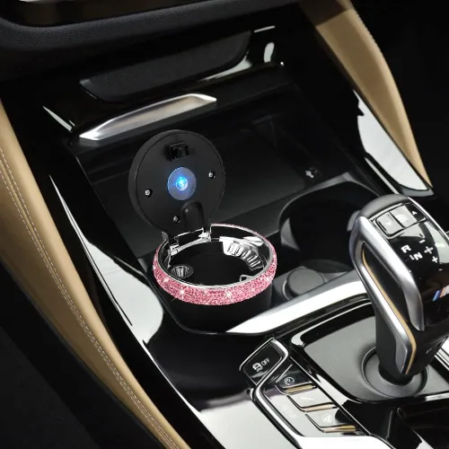 Vista 9 de SAVORI Cenicero de automóvil para mujeres y hombres, portavasos, portátil, sin humo, con indicador de luz LED azul, accesorios para automóvil (rosa)