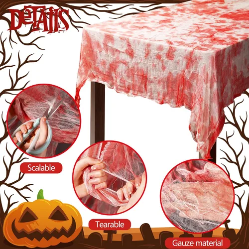 Vista 3 de 3 manteles rectangulares de gasa sangrienta de Halloween, 85 x 60 pulgadas, mantel rectangular con estampado de manos sangrientas, mantel de mesa