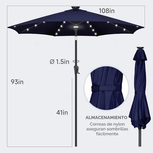 Vista 5 de FLAME&SHADE Sombrilla de exterior de 9 pies con 40 luces LED, sombrilla de patio con luz solar y luz envolvente central, sombrilla de mercado