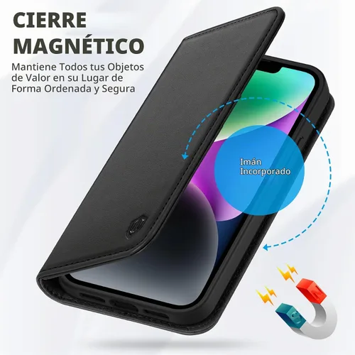 Vista 7 de SHIELDON Funda para iPhone 14 de 6.1", Funda tipo cartera de cuero genuino [Cierre magnético] [Ranuras para tarjetas con bloqueo RFID] [Soporte]
