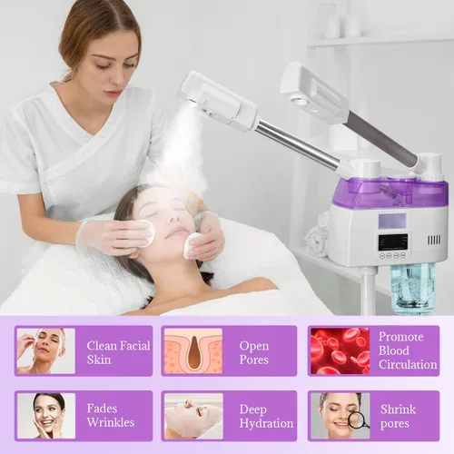 Vista 8 de Vaporizador facial profesional 2 en 1, vaporizador esteticista con niebla fría y caliente, vaporizador facial para limpieza profunda facial