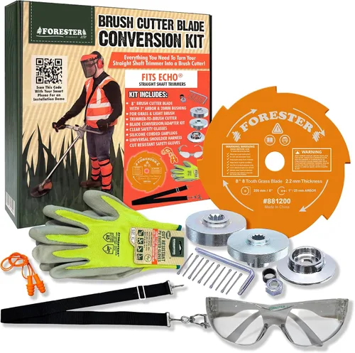 Vista 2 de Kit de conversión para cortasetos FORESTER con cuchilla de 20.3 cm para desbrozadora, gafas de seguridad, tapones para los oídos, guantes, arnés