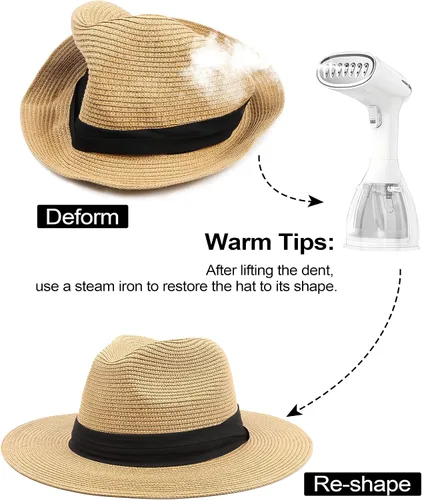 Vista 7 de Zylioo Sombrero Trilby de paja de gran tamaño XXL, sombreros de ala corta grande y alta, sombreros cubanos enrollables de verano
