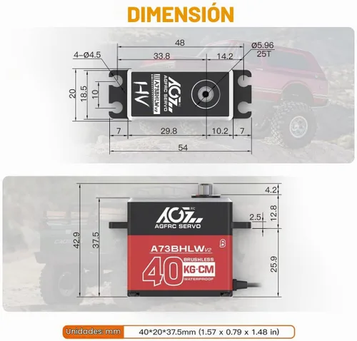Vista 5 de AGFRC A73BHLW V2 88.2 lbs IP67 Impermeable Sin Escobillas 1/10 RC Servo Full Metal Gears, HV, Programmable Digital Servo, with 25T Metal Horn