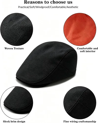 Vista 5 de Gorra de lino sintético para hombre, diseño de periódico con textura tejida ajustable Negro