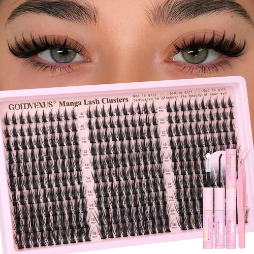 Vista 8 de Goddvenus Manga Lash Racimos de 12-0.551-0.630 in Natural Wispy Fairy Racimos de pestañas 144 extensiones de pestañas en racimo mullidas Anime