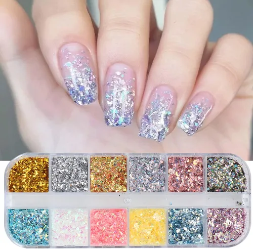 Vista 8 de Lentejas de purpurina camaleón para uñas, lentejuelas de arte de uñas holográficas 3D con gradiente láser, polvo de purpurina brillante en gel UV