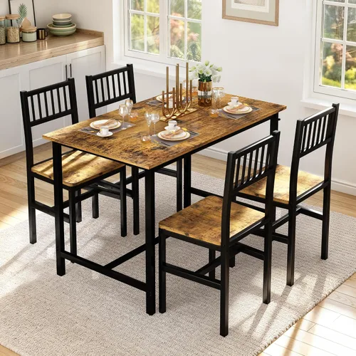 Vista 8 de AWQM Juego de mesa de comedor para 4, mesa industrial con juego de sillas, marrón rústico