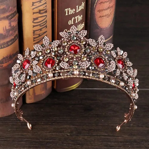 Vista 6 de hair jewelry crown tiaras for women Wedding Tiaras and Crowns Red Rhinestone Bridal Hair Jewelry Retro Crystal Women Headpiece Baroque Headdband