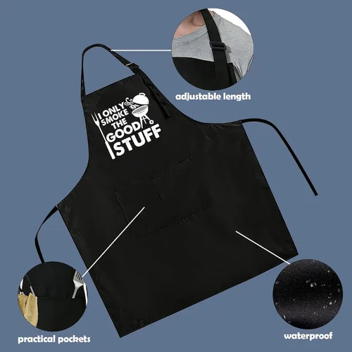 Vista 3 de Delantal divertido para hombres – I Only Smoke The Good Stuff – Delantal de cocina humorístico con 2 bolsillos y correa ajustable para el cuello