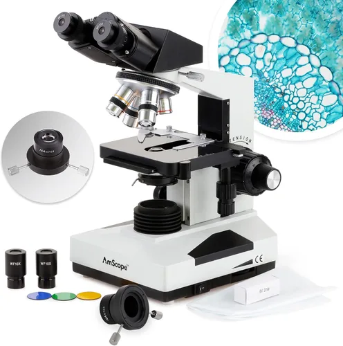 Vista 7 de AmScope Microscopio binocular compuesto B490, Oculares WF10x, Ampliación 40X-1000X, Brightfield, Iluminación halógena, Condensador Abbe, Etapa
