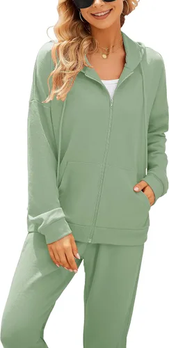 Vista 4 de Conjunto deportivo de 2 piezas para mujer, casual, con cremallera, sudadera con capucha y pantalón largo