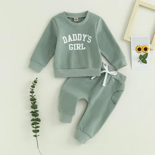 Vista 2 de YINGISFITM Conjunto de sudadera con cuello redondo y estampado para niña pequeña para otoño e invierno