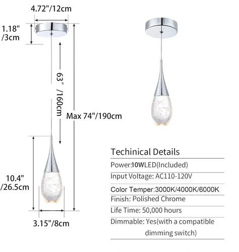 Vista 6 de JoollySun Mini lámpara colgante de cristal: 1 luz de lágrima regulable de 3 colores (3000 K-6000 K) colgante LED para isla de cocina baño - cromo
