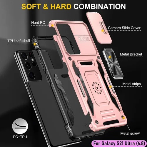 Vista 3 de Funda resistente para Samsung Galaxy S21 Ultra, protección híbrida de goma de doble capa de grado militar con protector de cámara deslizante