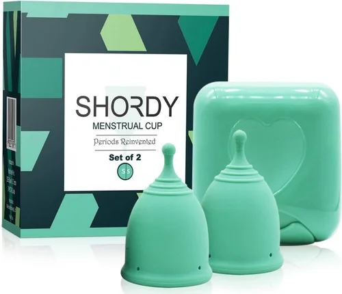 Vista 10 de SHORDY Juego de 2 tazas menstruales (pequeñas/grandes) con caja, copa menstrual suave y copas de período flexibles para mujeres de hasta 12 horas