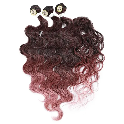 Vista 5 de HANNE Paquetes de cabello castaño mezclado con extensiones de cabello ondulado con cierre Sintético 18 "20" 22" con cierre de encaje, resistente