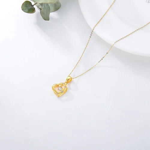 Vista 4 de SISGEM Collar de corazón de oro real de 18 quilates para mujer, con delicado dije de corazón de oro bailarín con diamantes de imitación de amor
