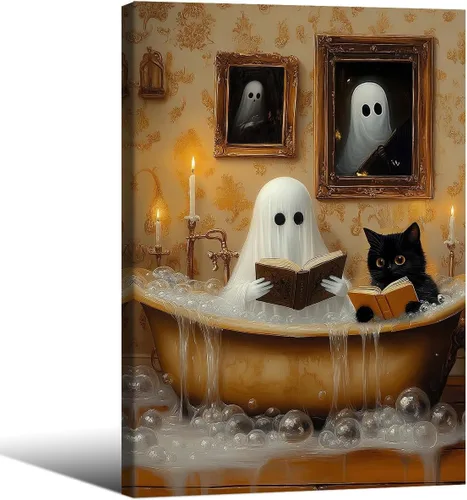 Vista 21 de Lienzo enmarcado negro para pared, póster de Halloween Dark Academia, pintura de gato negro, fantasma en la bañera, imágenes góticas de terror