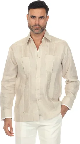 Vista 3 de Mojito - Guayabera de manga larga para hombre, 100% lino, panel de contraste y pliegues tonales