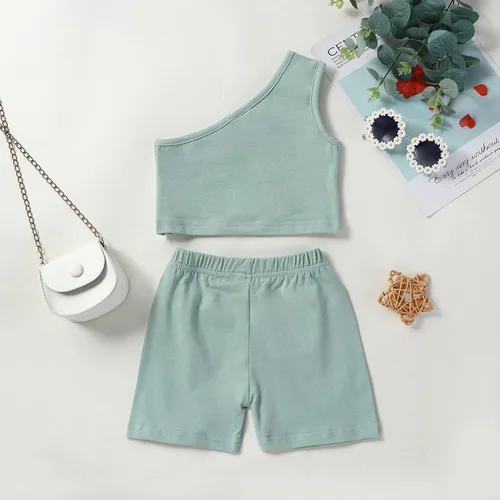 Vista 3 de Conjunto de 2 piezas de camiseta sin mangas de color sólido para niñas pequeñas, conjunto de 2 piezas, traje casual de verano
