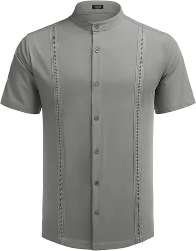 Vista 4 de COOFANDY Mens Short Sleeve Cuban Guayabera Shirt Casual Band Collar Button Down Shirts