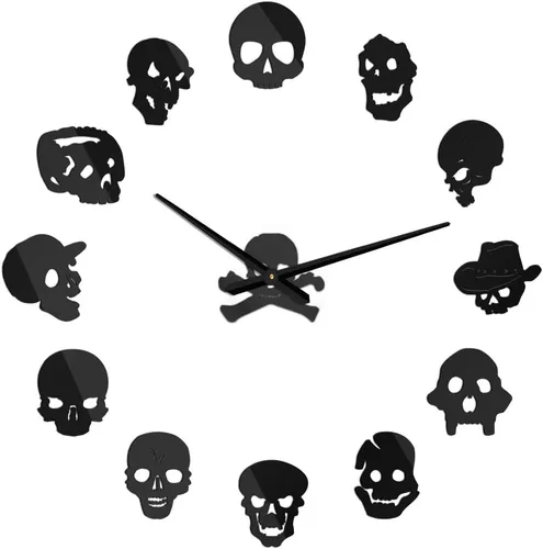 Vista 4 de Gran calavera 3D DIY reloj de pared Frameless Espejo Superficie Etiqueta de pared (negro)